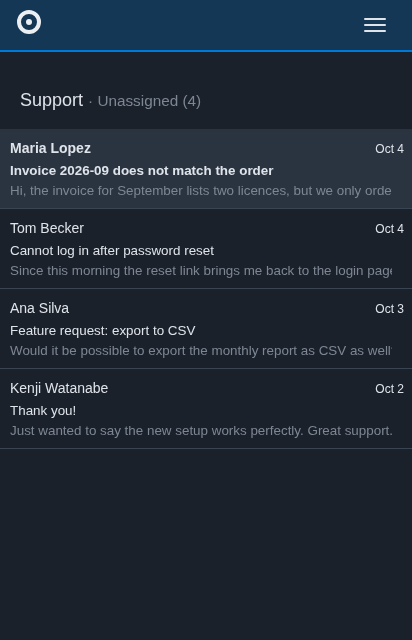 FreeScout conversation list on a phone in the Slate dark theme, with readable sender names above each subject