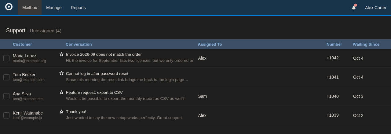 FreeScout conversation list in the Graphite dark theme