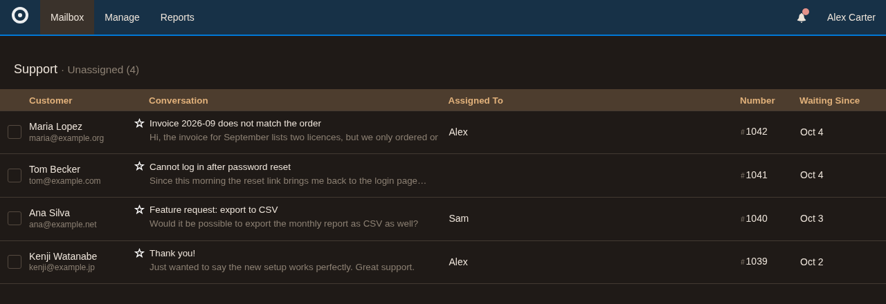 FreeScout conversation list in the Mocha dark theme