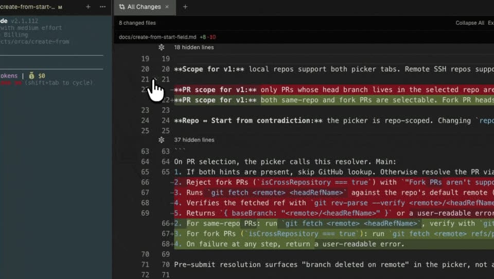 Orca diff viewer showing changed lines in a markdown file next to an agent terminal