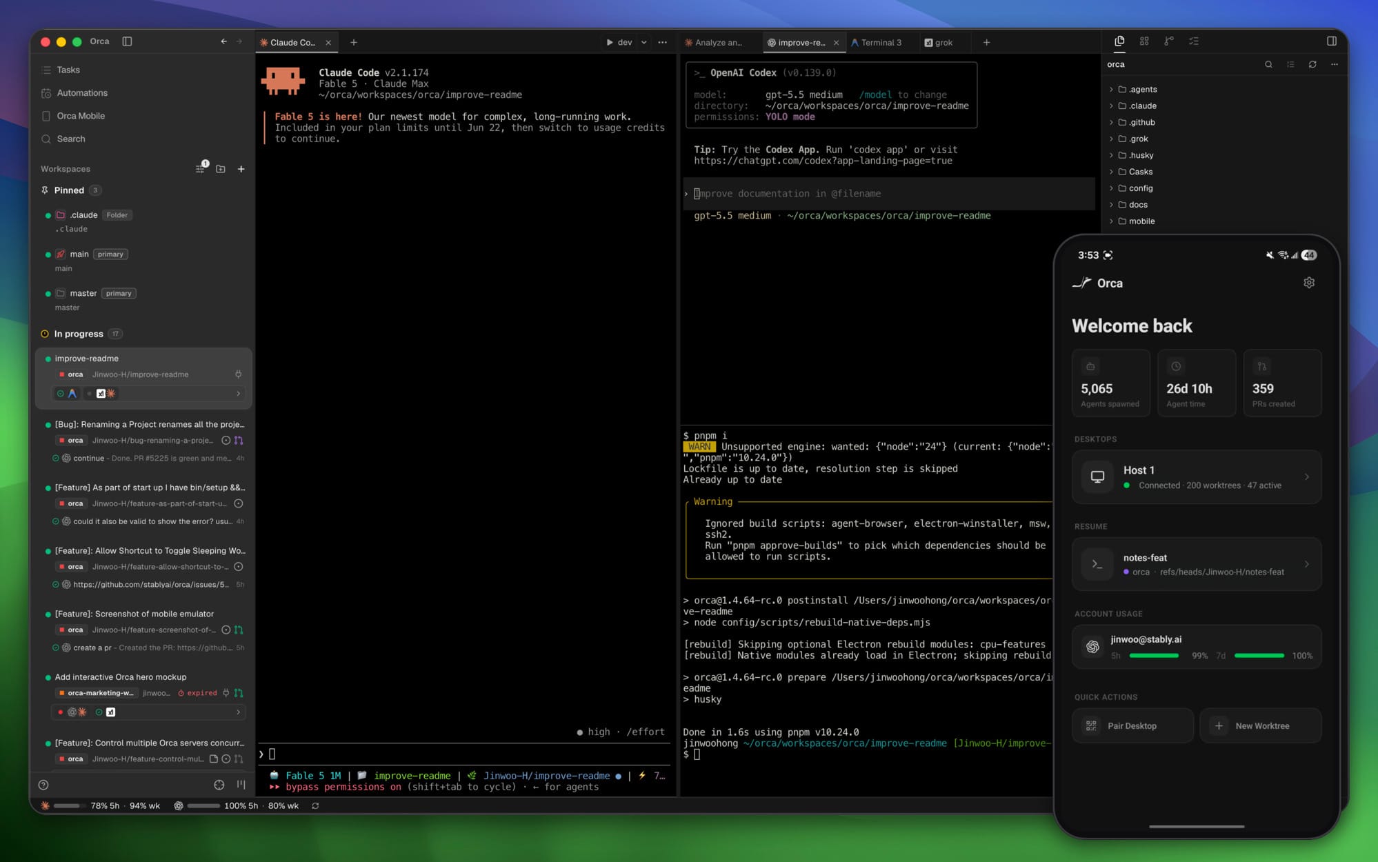 Orca desktop app running Claude Code and Codex in parallel worktrees, with the mobile companion app