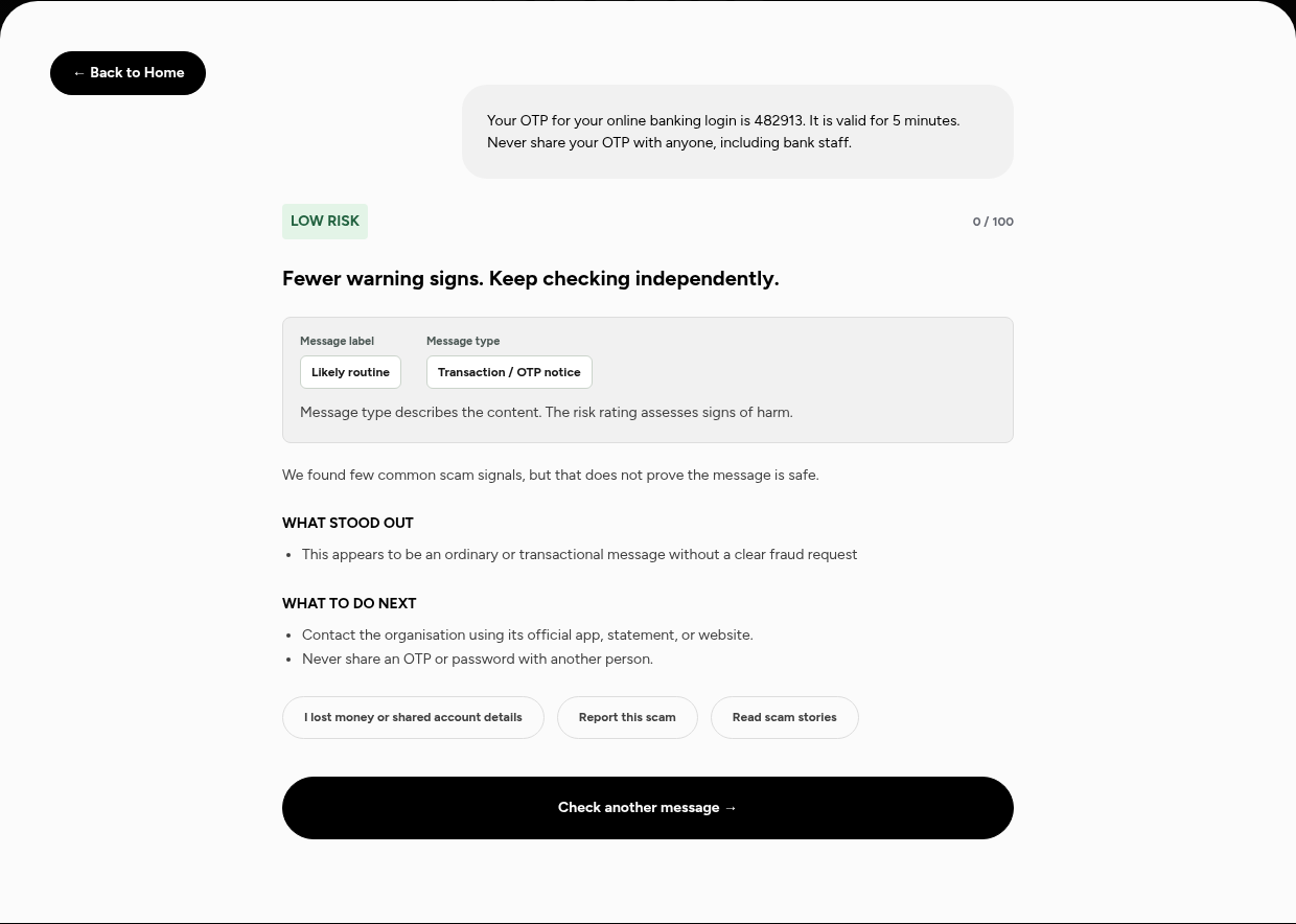 ScamCheck.ph result showing LOW RISK, 0 out of 100, for a genuine-style bank OTP notice