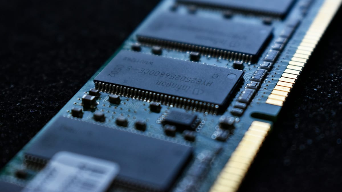Close-up of DRAM chips on a computer memory module