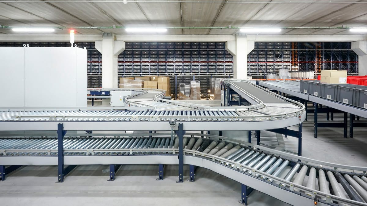 Roller conveyor lines carrying parcels through a large automated warehouse