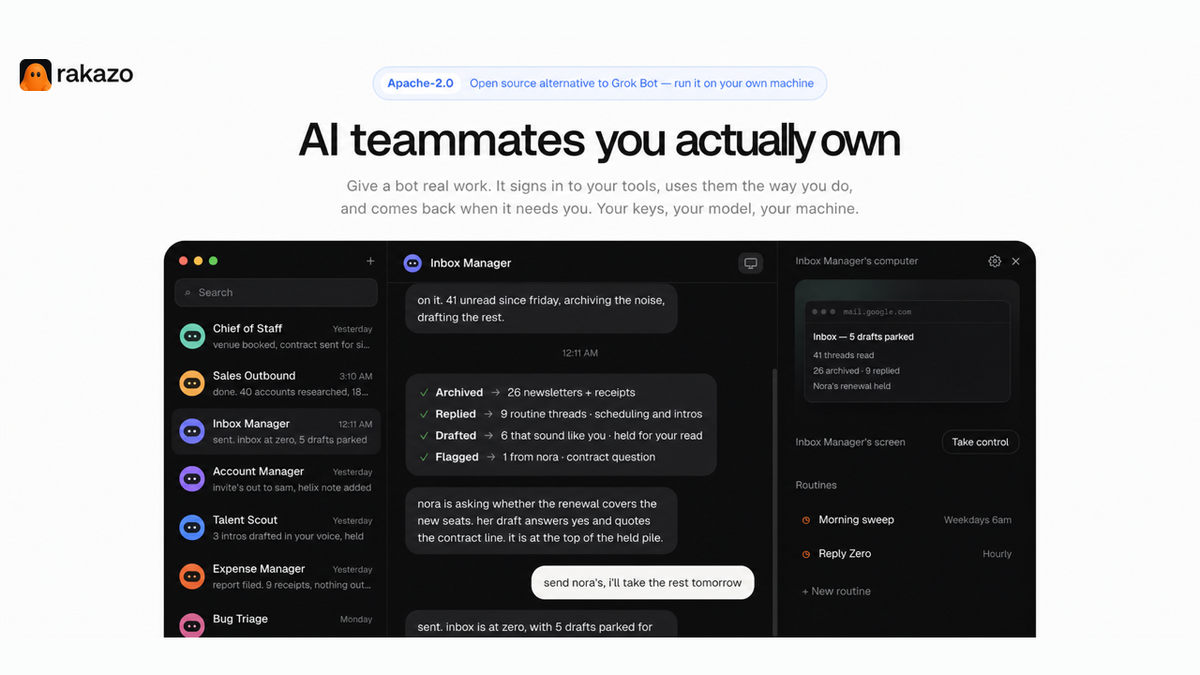 Rakazo app screenshot under the headline AI teammates you actually own, showing a chat with an inbox manager teammate