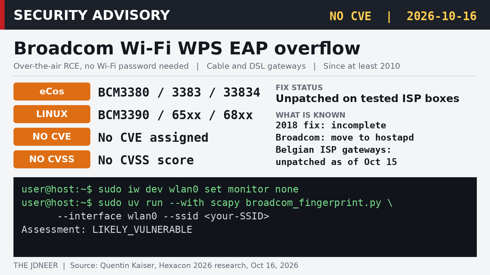 A 16-Year-Old Broadcom Wi-Fi Bug Lets Attackers Root ISP Gateways From Across the Street