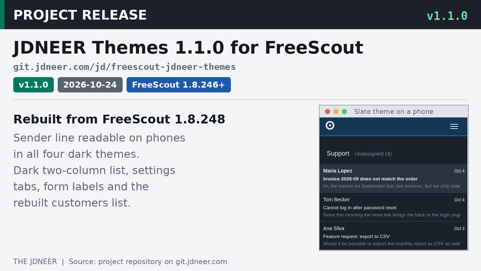 JDNEER Themes 1.1.0: FreeScout Dark Themes Fixed for Phones and Rebuilt for 1.8.248