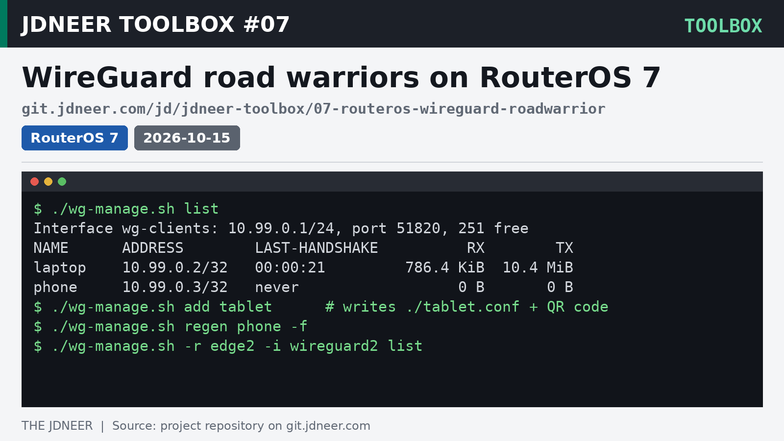 JDNEER Toolbox #07: WireGuard Road Warriors on RouterOS 7, One Command per Client